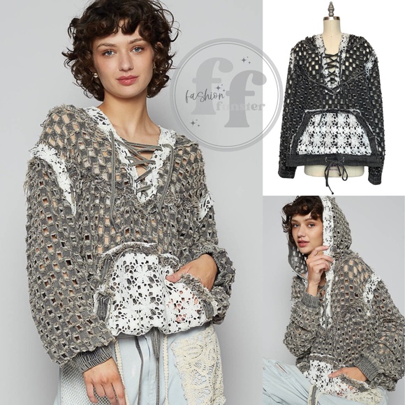 POL Black Laser Cut Openwork Crochet Lace Up Hoodie Top - Picture 1 of 6